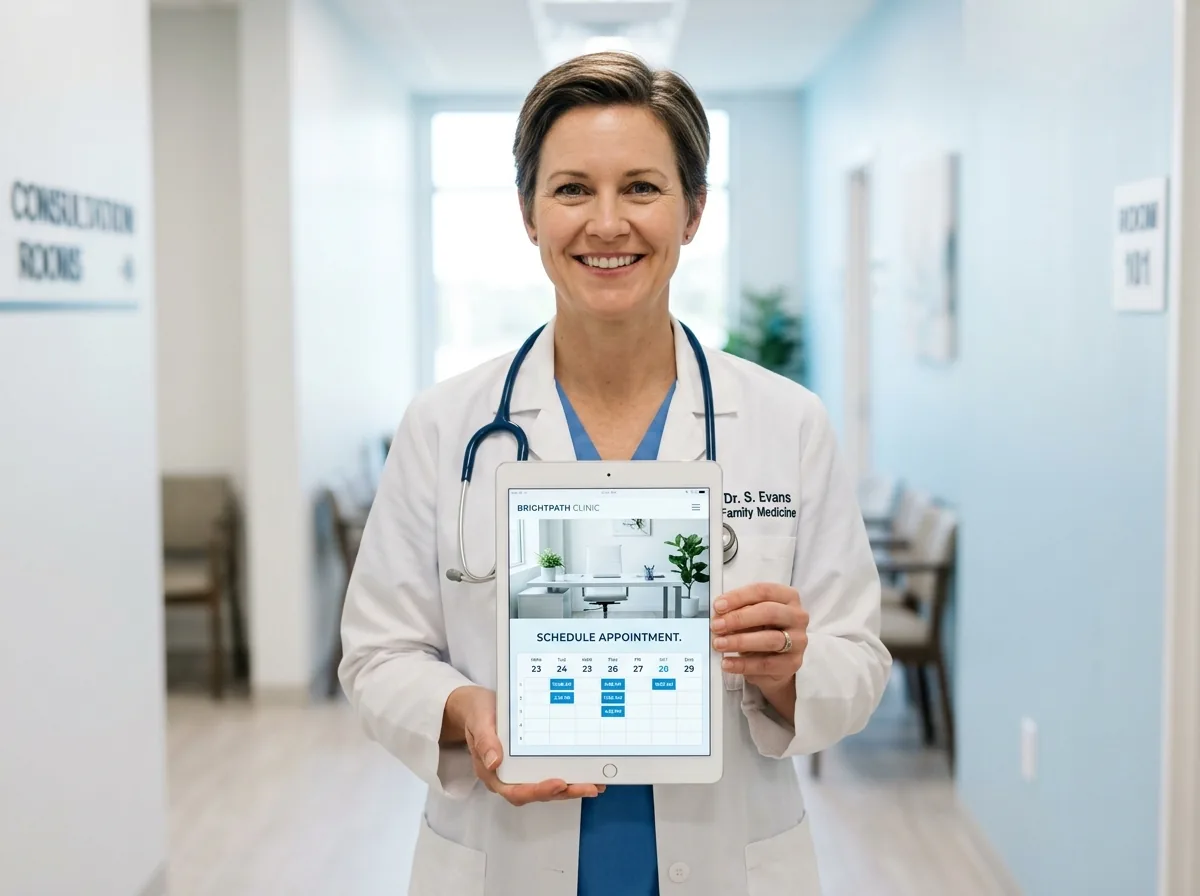 Doctora mostrando en una tablet el sitio web clínico de un centro médico, demos en vivo de Cataloneg Webs