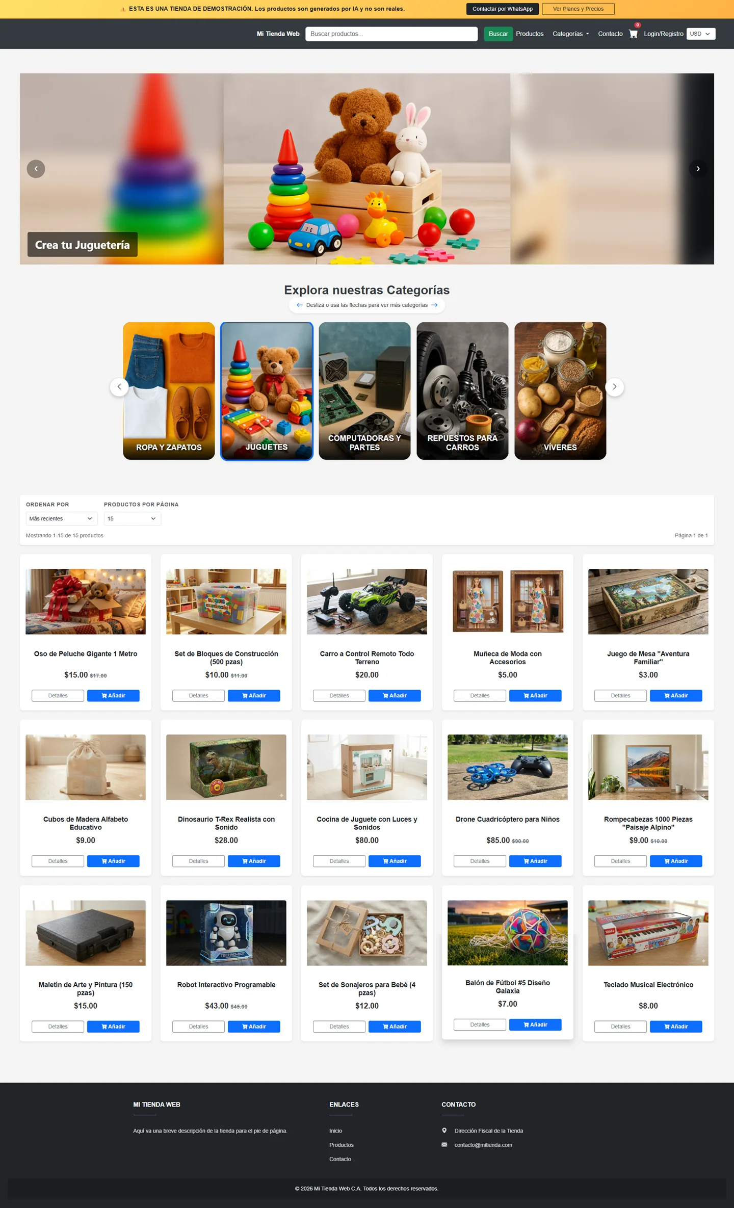 Captura de la página de inicio de TiendaVirtualShop, una tienda virtual real desarrollada por Cataloneg Webs