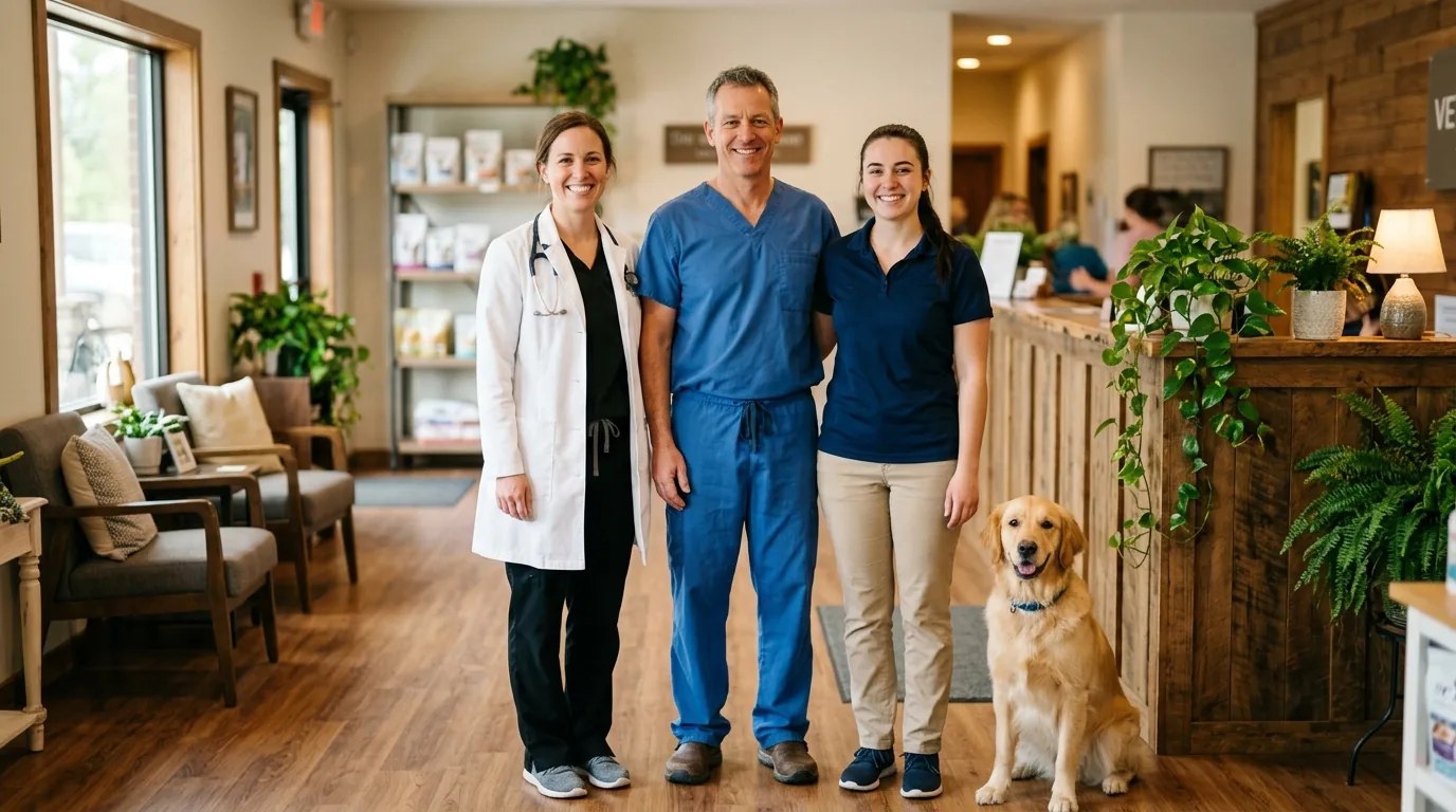Equipo de Veterinaria El Roble: la Dra. Valentina Duque, el Dr. Samuel Rojas y la Lcda. Genesis Molina en la clínica